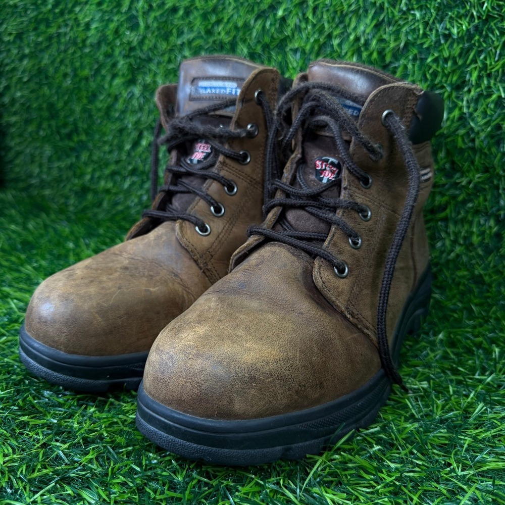 Skechers Work Boots Mens 10 Brown Leather Steel Toe Slip Resistant